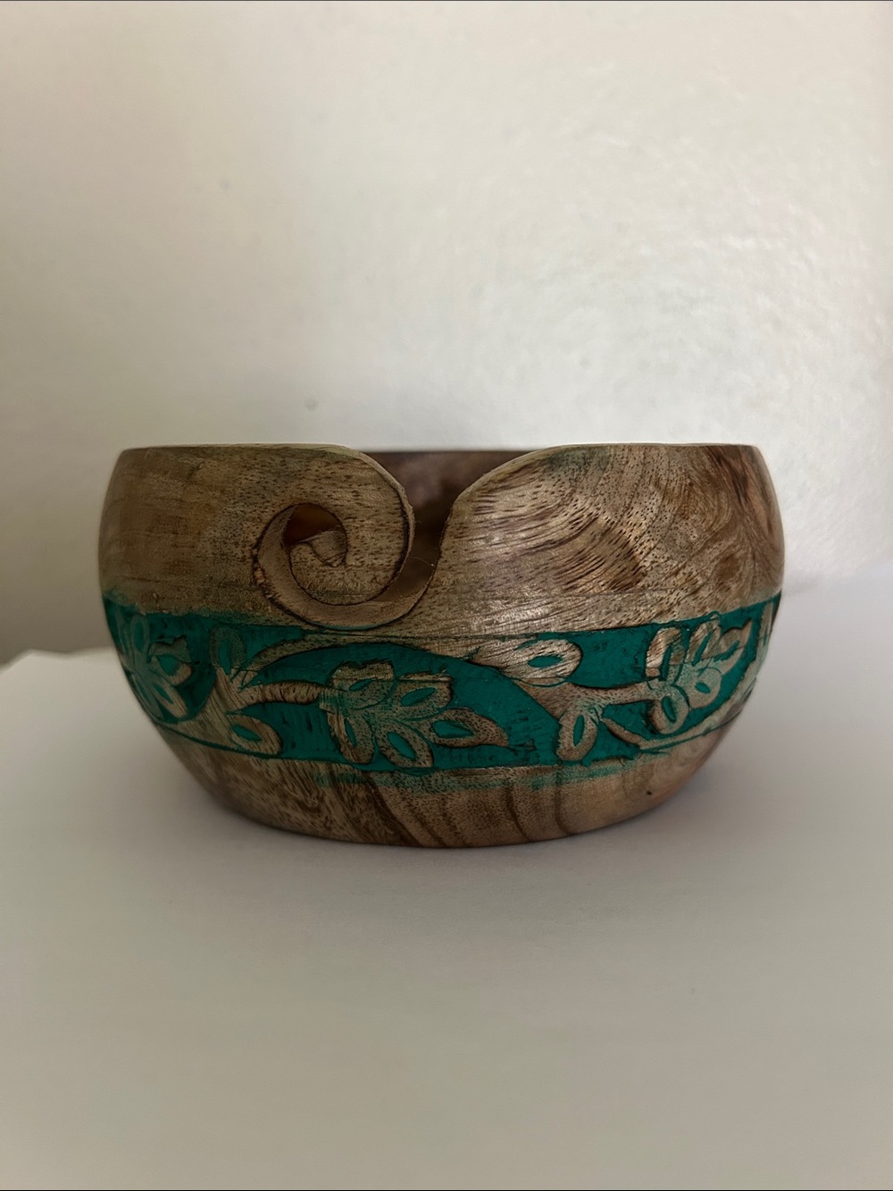 Handcarved Wooden Yarn Bowl with Green Leaf Band